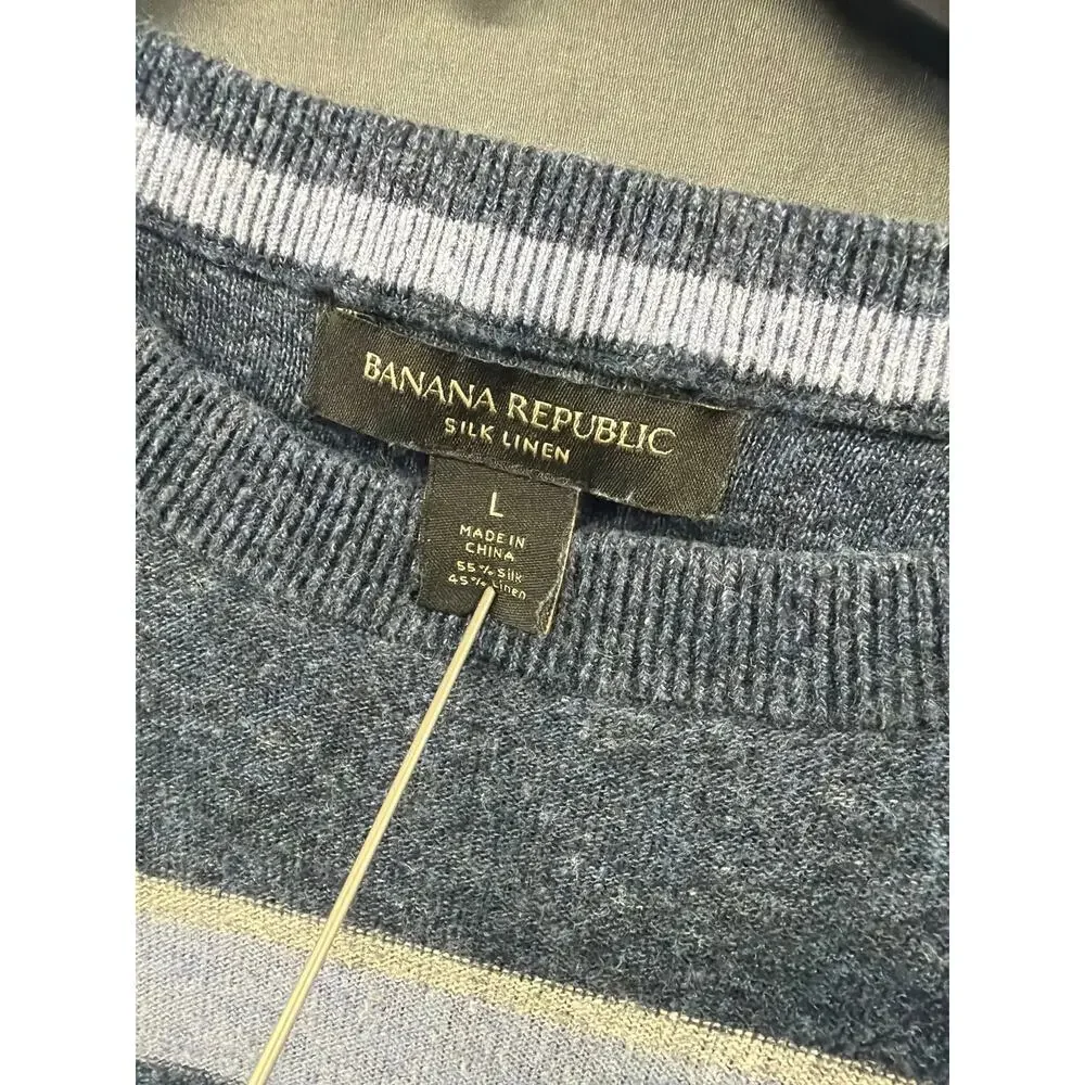 Banana Republic Men's L Silk Linen Sweater Blue Striped Crewneck Pullover